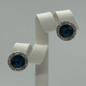 INC Silver Tone Post Earnings W/ Large Blue Crystal encircled by Clear Crystals